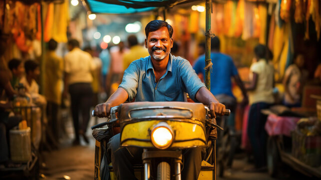 Portrait of Rickshaw driver on Indian street, local atmosphere, Asian culture and travel concept
