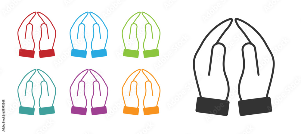 Sticker Black Hands in praying position icon isolated on white background. Prayer to god with faith and hope. Set icons colorful. Vector