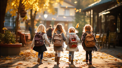 Group of Happy children goes to school via autumn alley.  - obrazy, fototapety, plakaty
