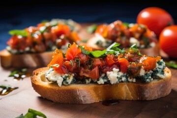 close-up of blue cheese crumbled on bruschetta