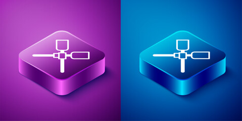 Obraz premium Isometric Oars or paddles boat icon isolated on blue and purple background. Square button. Vector