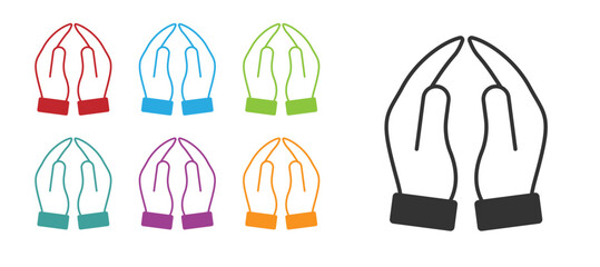Black Hands in praying position icon isolated on white background. Prayer to god with faith and hope. Set icons colorful. Vector
