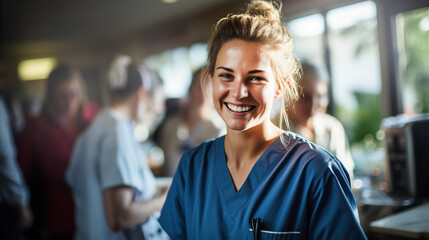 Beautiful young  nurse in scrubs at lunch time, having a break, socialising with colleagues, talking and smiling to camera  - Powered by Adobe