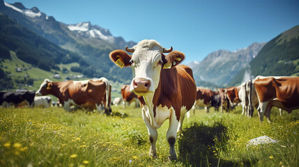 Fototapeta na wymiar Beautiful swiss cow on green fields with fresh grass at sunny day, Swiss mountains at the background. Farming, environmental and food supply concept