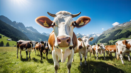 Beautiful swiss cow on green fields with fresh grass at sunny day, Swiss mountains  at the background. Farming, environmental and food supply concept - obrazy, fototapety, plakaty