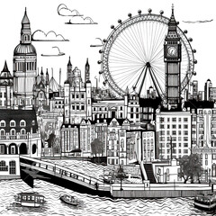 Beautiful ink illustration of London with old buildings and skyscrapers. 