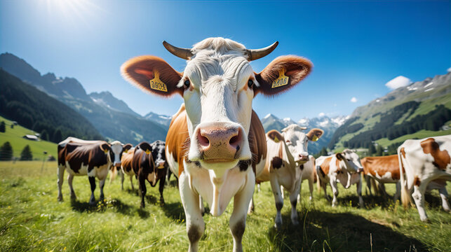 Beautiful swiss cow on green fields with fresh grass at sunny day, Swiss mountains  at the background. Farming, environmental and food supply concept