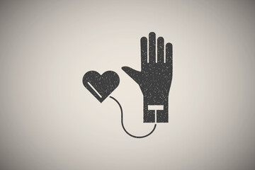 Hand, hematology, heart icon vector illustration in stamp style
