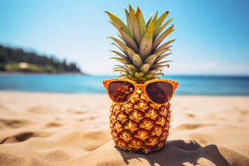 Pineapple fruit with sunglasses with sunny beach in background