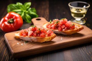 bruschetta on board with garlic bulb by side