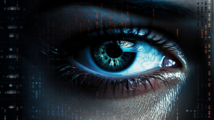 In a cybercrime investigation hub, the woman's cybernetic eye scans lines of code, embodying the future of cybersecurity and digital warfare. 