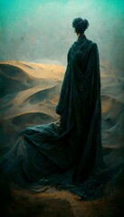 portrait2 of the sandman with teal hair and long robes sand dunes and sand storms mysterious and dark detailed intricate hd 4k unreal engine octane render  - obrazy, fototapety, plakaty