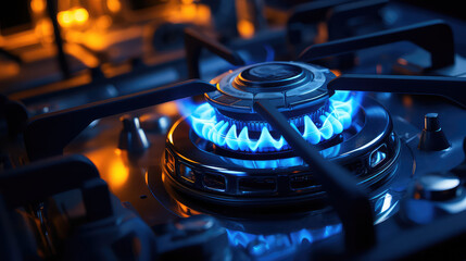 Kitchen gas stove burning with a blue flame. Global economic gas crisis. Close-up of a gas stove turned on. - obrazy, fototapety, plakaty