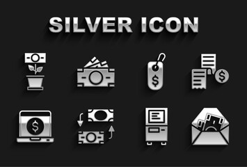 Set Money exchange, Paper or financial check, Envelope with dollar symbol, ATM, Laptop, Price tag, plant the pot and Stacks paper money cash icon. Vector