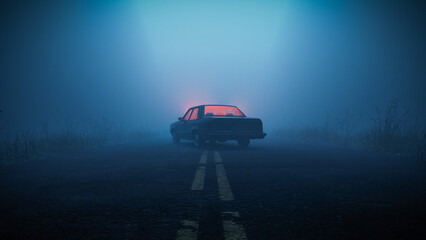 Car with eerie glowing light inside parked in middle of road in foggy moody forest during blue hour - obrazy, fototapety, plakaty