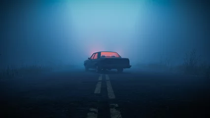Poster Car with eerie glowing light inside parked in middle of road in foggy moody forest during blue hour © Crane Design