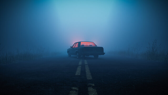 Car with eerie glowing light inside parked in middle of road in foggy moody forest during blue hour