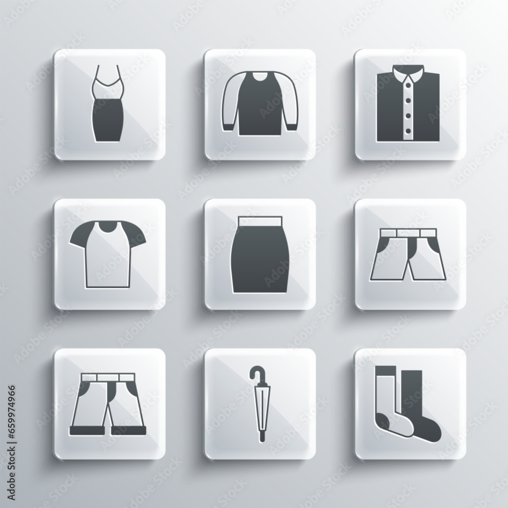 Poster Set Umbrella, Socks, Short or pants, Skirt, T-shirt, Woman dress and Shirt icon. Vector