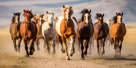 AI Generated. AI Generative. Group of horses running outdoor nature background. Wild life animal decoration. Graphic Art