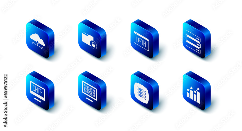 Poster set folder and lock, data analysis, server, pie chart infographic, binary code, and network cloud co