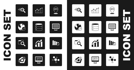 Set Data analysis, Server, Financial growth, Search data, Binary code, Pie chart infographic, decrease and with folder icon. Vector