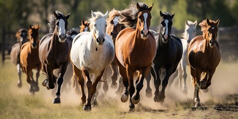 AI Generated. AI Generative. Group of horses running outdoor nature background. Wild life animal decoration. Freedom and power symbol