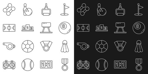Set line Medal, Badminton shuttlecock, Billiard pool snooker ball, TPX loop training equipment, Award over sports winner podium, Football soccer field, Dumbbell and Pommel horse icon. Vector