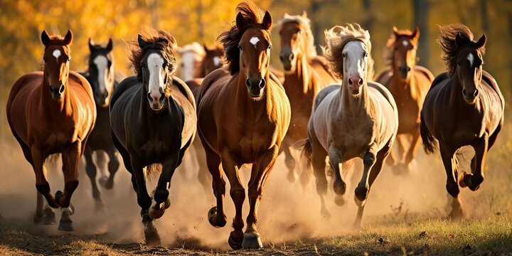 AI Generated. AI Generative. Group of horses running outdoor nature background. Wild life animal decoration. Freedom and power symbol