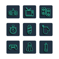 Set line Gamepad, Badminton shuttlecock, Pencil with eraser, Sewing thread spool, Stopwatch, and Oven glove icon. Vector