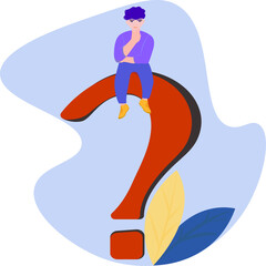  sitting man on a large red question mark near which there are blue and yellow leaves on a light blue background