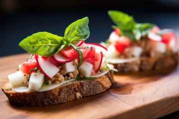 close-up of bruschetta topping with thinly sliced radish