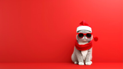 Festive Cat in Red Santa Hat and Glasses for Christmas and New Year Stock