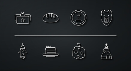 Set line Ushanka, Rocket ship, Bear head, Moon with flag, Medovik, Bread loaf, The Tsar bell and Rouble, ruble currency icon. Vector