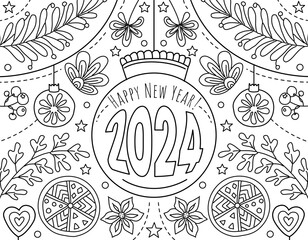 Hand drawing coloring page for kids and adults. Holiday greeting card Happy New Year 2024, Merry Christmas. Beautiful drawing with patterns and small details. Children Colouring book pictures. Vector