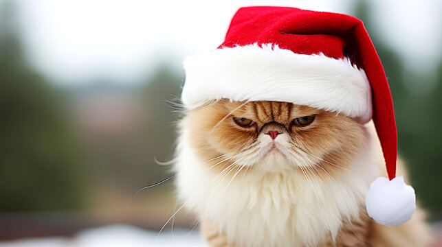 Angry Cat in Santa Claus Red Hat for Christmas and New Year