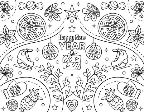 Hand drawing coloring page for kids and adults. Holiday greeting card Happy New Year 2024, Merry Christmas. Beautiful drawing with patterns and small details. Children Colouring book pictures. Vector
