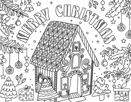 Hand drawing coloring page for kids and adults. Holiday greeting card Happy New Year 2024, Merry Christmas. Children Colouring book pictures. Christmas tree, house, snowflakes, eve decorations, carol