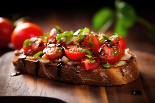 unique image of single bruschetta with vines of tomatoes in blur