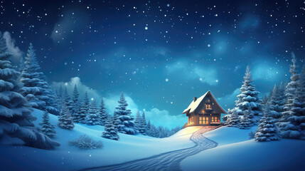 Christmas Card Featuring a Magical Forest and Snow-Covered House