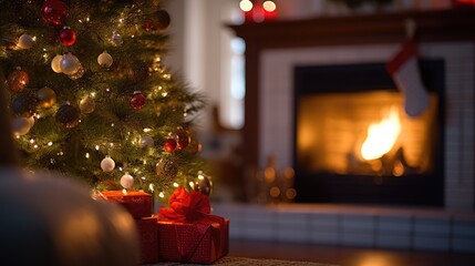 Fototapeta na wymiar Cozy Home with Christmas Tree and Fireplace - New Year Celebration