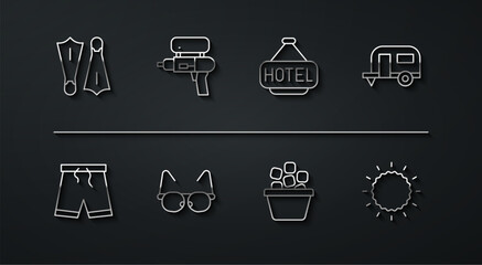 Set line Rubber flippers for swimming, Swimming trunks, Rv Camping trailer, Ice bucket, Glasses, Water gun, Sun and Signboard with text Hotel icon. Vector