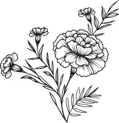 , simple marigold line drawing, marigold flower tattoo drawing, traditional marigold tattoo, black marigold tattoo, american traditional marigold tattoo, marigold flower tattoo drawing
