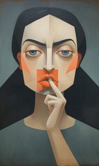 angry woman with finger over mouth shh expression, art oil painting graphic stylized style