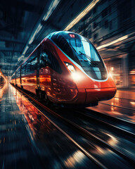 red train in movement with motion blur and light painting effect, cinematic shot 