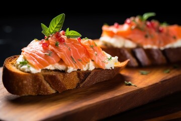 details of a smoked salmon bruschetta with cream cheese