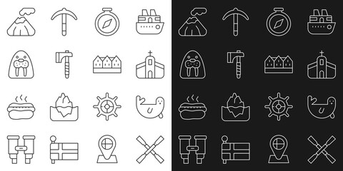 Set line Oars or paddles boat, Fur seal animal, Church building, Compass, Wooden axe, Walrus, Volcano and Norwegian wooden house icon. Vector