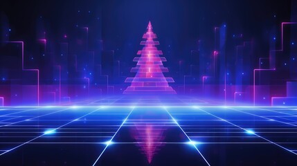 Neon Futuristic Christmas Tree and Festive New Year Christmas Card