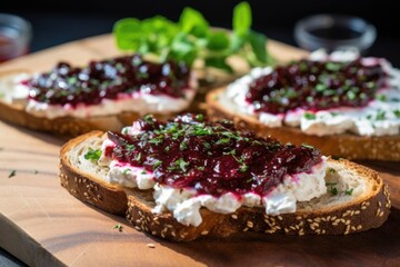 close-up of zaatar bruschetta with cottage cheese and chives - obrazy, fototapety, plakaty