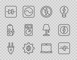 Set line Electric plug, DC voltage source, No lightning, Gear and, Diode electronic circuit, Ampere meter, multimeter, Laptop and Lightning bolt icon. Vector