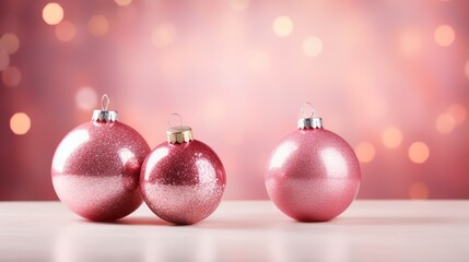 Pink christmas card , new year, with christmas balls and copy space 